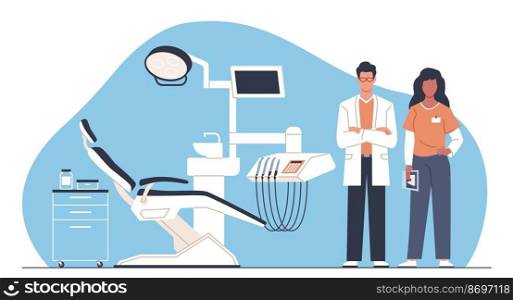Dentists team. Empty dental chair, professional doctors characters, medicine checkup invitation, office equipment, clinic office, man and woman in uniform, nowaday vector cartoon flat style concept. Dentists team. Empty dental chair, professional doctors characters, medicine checkup invitation, office equipment, clinic office, man and woman in uniform, nowaday vector cartoon flat concept