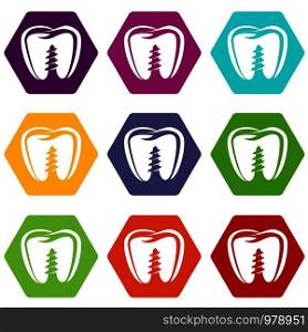 Denture implant icons 9 set coloful isolated on white for web. Denture implant icons set 9 vector
