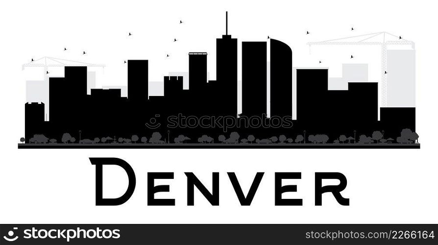 Denver City skyline black and white silhouette. Vector illustration. Simple flat concept for tourism presentation, banner, placard or web site. Business travel concept. Cityscape with landmarks