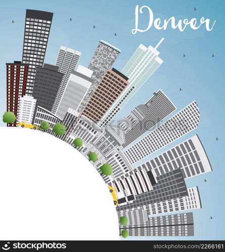 Denver Skyline with Gray Buildings, Blue Sky and Copy Space. Vector Illustration. Business Travel and Tourism Concept with Modern Buildings. Image for Presentation Banner Placard and Web Site.