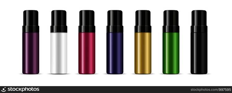Deodorant cosmetic bottles with lids different color set. Vector illustration of cosmetics mockup product. Glossy plastic or glass container with black cap.. Deodorant cosmetic bottle with lid different color