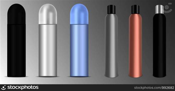 Deodorant or lacquer spray bottles set. Different colours vector illustration. Cosmetic product ads. Round aluminum can packaging with plastic caps.. Deodorant or lacquer spray bottles set. Vector