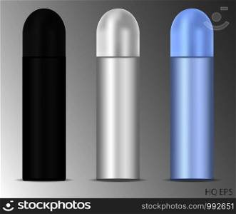 Deodorant spray aluminum can set. 3d Vector cosmetic bottles with round caps. Illustration, Isolated on background.. Deodorant spray aluminum can set. 3d Vector