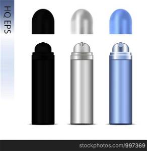 Deodorant spray aluminum can set. 3d Vector cosmetic bottles with round open caps. Illustration, Isolated on white background.. Deodorant spray aluminum can set. Vector cosmetic