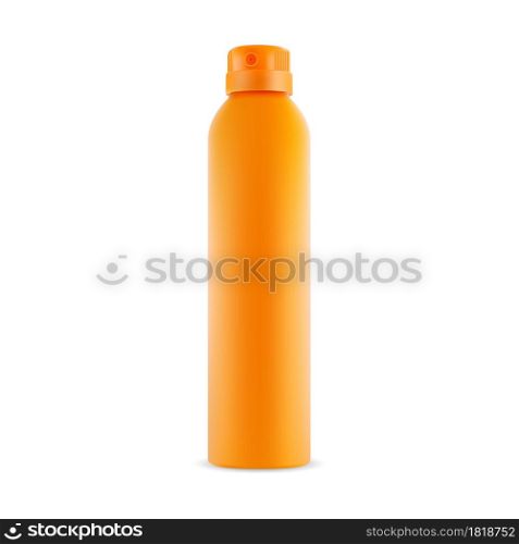 Deodorant spray blank, vector container mockup. Aerosol can, air freshener template. Yellow plastic round packaging, hair odor, mist cap empty package for presentation. Freshener product. Deodorant spray blank, vector container mockup. Aerosol can