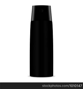 Deodorant Spray Bottle. Black Aerosol Tube Vector Mockup. Shiny Aluminum Realistic Pack with Plastic Cap. Isolated Cylinder Tin Illustration. Bathroom Freshener. Antiperspirant Package.. Deodorant Spray Bottle. Black Aerosol Tube Mockup.