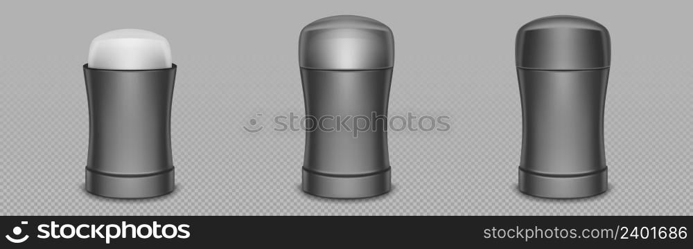 Deodorant stick bottle realistic mockup. Antiperspirant packaging design with closed and open lids. Empty tube templates, underarm care, protection, Realistic 3d vector illustration, isolated mock up. Deodorant stick bottle realistic 3d mockup set