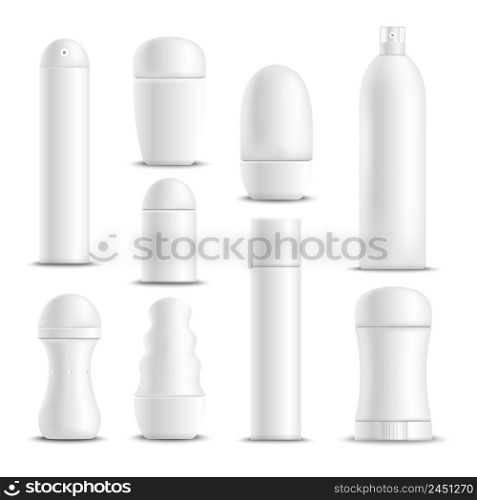 Deodorants spray sticks and roll-on types antiperspirant white blank mock-up realistic set isolated vector illustration . Deodorants White Blank Realistic Set