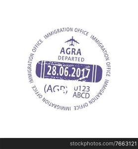 Departed from Agra, India state isolated visa st&. Vector border pass document, passport control. Agra visa st&, departure from India admitted