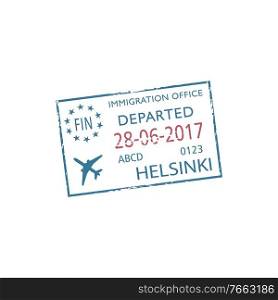 Departed from Helsinki isolated visa st&. Vector Finland immigration office seal template with date and plane. Helsinki airport Finland border control st&visa
