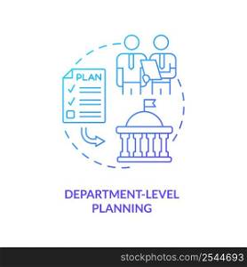 Department level planning blue gradient concept icon. Revenues and expenses. Budgeting process abstract idea thin line illustration. Isolated outline drawing. Myriad Pro-Bold font used. Department level planning blue gradient concept icon