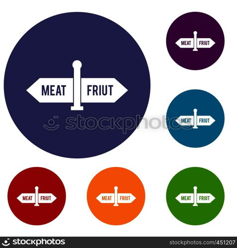 Department signs in the supermarket icons set in flat circle reb, blue and green color for web. Department signs in the supermarket icons set