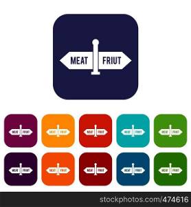 Department signs in the supermarket icons set vector illustration in flat style In colors red, blue, green and other. Department signs in the supermarket icons set