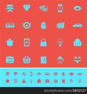 Department store item category color icons on red background, stock vector