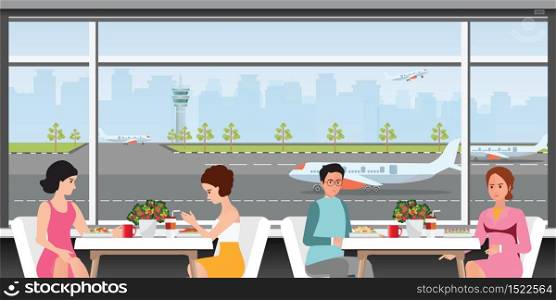Departure lounge at the airport with people sitting with seating and table with aircraft preparing for flight in the background, Business traveler at airport waiting lounge, vector illustration.