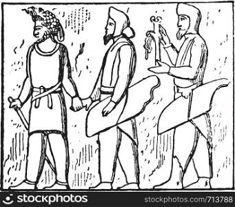 Dependent people (Bas-relief of Persepolis), vintage engraved illustration.
