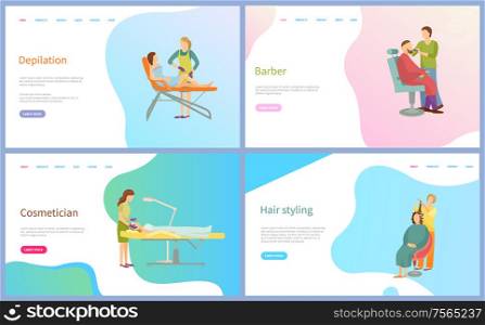 Depilation and cosmetician, barber and hair styling web page, sitting client and working master. Beauty salon website with links, spa procedures vector. Template landing page in flat style. Depilation and Cosmetician, Barber Web Vector