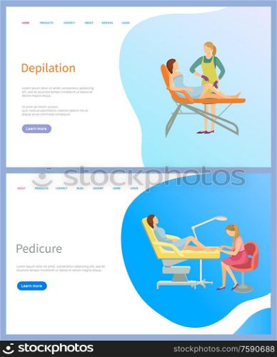 Depilation and pedicure web page, sitting woman on table and working master. Feet care flat website with links, app menu of spa procedures vector. Woman Depilation and Pedicure Web Page Vector