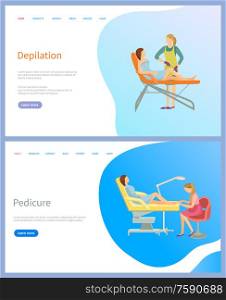Depilation and pedicure web page, sitting woman on table and working master. Feet care flat website with links, app menu of spa procedures vector. Woman Depilation and Pedicure Web Page Vector