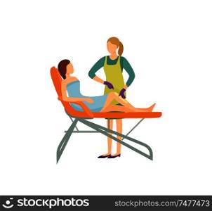 Depilation procedure in beauty salon cartoon isolated vector banner. Specialist in uniform and rubber gloves remove hair from client legs with wax. Depilation Procedure in Beauty Salon Cartoon Icon
