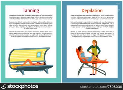 Depilation procedure in spa salon. Indoor tanning using device that emits ultraviolet radiation to produce a cosmetic tan. Hair removal epilation vector. Depilation Procedure Indoor Tanning in Spa Salon