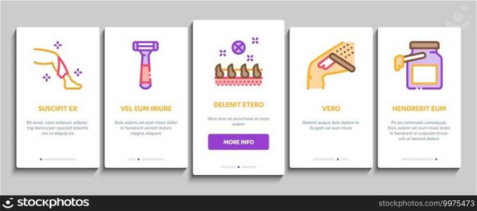 Depilation Procedure Onboarding Mobile App Page Screen Vector. Depilation Equipment Razor And Laser, Epilation Device For Cosmetology Treatment Illustrations. Depilation Procedure Onboarding Elements Icons Set Vector