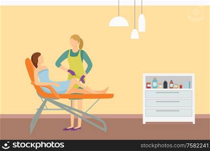 Depilation spa salon interior poster. Woman lying on chair and cosmetician making wax or sugaring epilation on legs. Procedure of removing unnecessary hair. Depilation Poster Woman Lying on Cosmetician Chair
