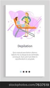 Depilation vector, professional treatment care of delicate zones on clients body, lady with special liquid for customer text with info, app slider. Website slider app template, landing page flat style. Depilation in Beauty Salon, Spa Procedure Website
