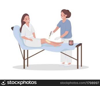 Depilatory master applies hot wax semi flat color vector characters. Full body people on white. Leg waxing procedure isolated modern cartoon style illustration for graphic design and animation. Depilatory master applies hot wax semi flat color vector characters