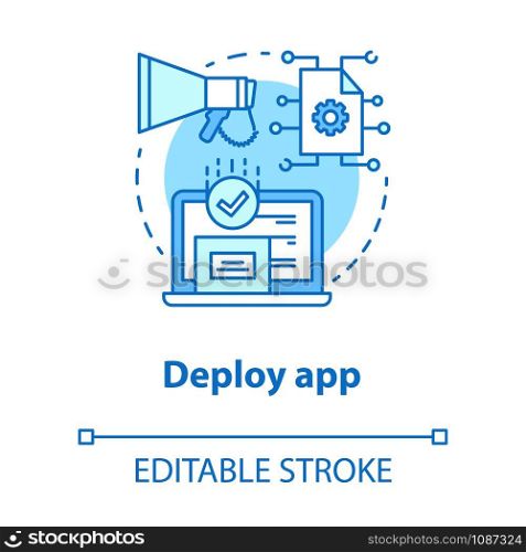 Deploy app concept icon. Software development tools idea thin line illustration. Mobile device programming and coding. Application management. Vector isolated outline drawing. Editable stroke