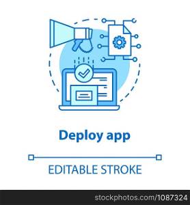 Deploy app concept icon. Software development tools idea thin line illustration. Mobile device programming and coding. Application management. Vector isolated outline drawing. Editable stroke