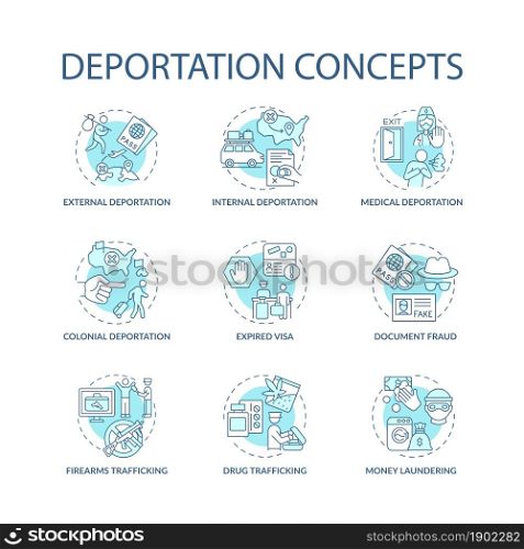Deportation concept blue icons set. Reasons for official removal from country. Expired visa. Immigration idea thin line color illustrations. Vector isolated outline drawings. Editable stroke. Deportation concept blue icons set