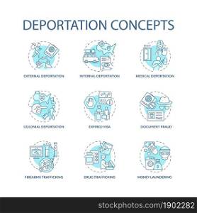 Deportation concept blue icons set. Reasons for official removal from country. Expired visa. Immigration idea thin line color illustrations. Vector isolated outline drawings. Editable stroke. Deportation concept blue icons set