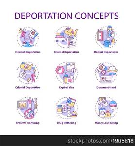 Deportation concept icons set. Reasons for official removal from country. Expired visa. Immigration idea thin line color illustrations. Vector isolated outline drawings. Editable stroke. Deportation concept icons set