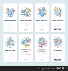 Deportation onboarding mobile app page screen set. Official processing walkthrough 4 steps graphic instructions with concepts. UI, UX, GUI vector template with linear color illustrations. Deportation onboarding mobile app page screen set