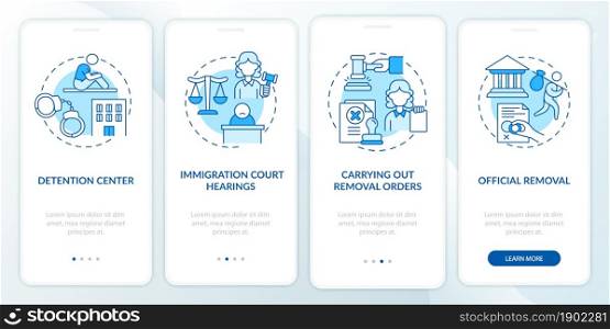 Deportation process blue onboarding mobile app page screen. Official removal walkthrough 4 steps graphic instructions with concepts. UI, UX, GUI vector template with linear color illustrations. Deportation process blue onboarding mobile app page screen