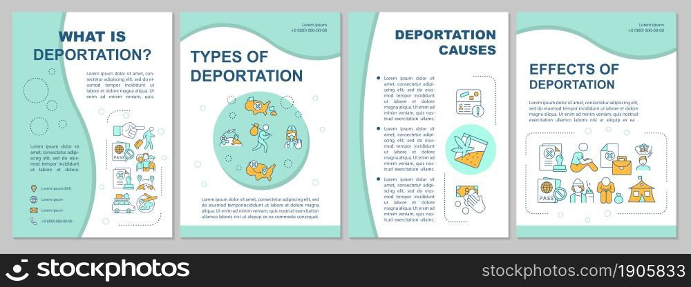 Deportation process brochure template. Types and causes. Flyer, booklet, leaflet print, cover design with linear icons. Vector layouts for presentation, annual reports, advertisement pages. Deportation process brochure template