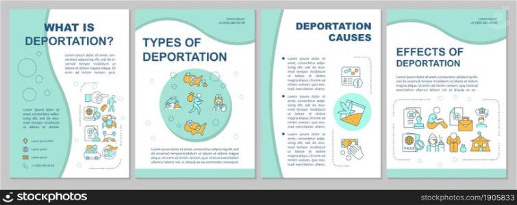 Deportation process brochure template. Types and causes. Flyer, booklet, leaflet print, cover design with linear icons. Vector layouts for presentation, annual reports, advertisement pages. Deportation process brochure template