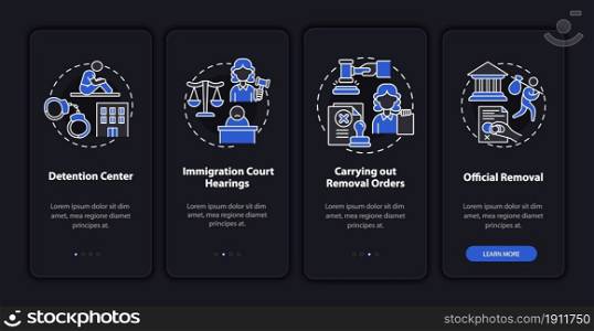 Deportation process steps onboarding mobile app page screen. Official removal walkthrough 4 steps graphic instructions with concepts. UI, UX, GUI vector template with night mode illustrations. Deportation process steps onboarding mobile app page screen
