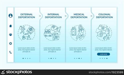 Deportation types onboarding vector template. Responsive mobile website with icons. Web page walkthrough 4 step screens. Official removal causes color concept with linear illustrations. Deportation types onboarding vector template