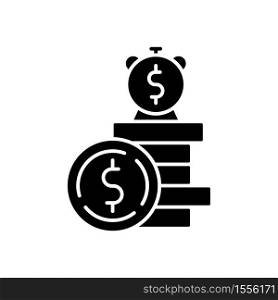 Deposit black glyph icon. Financial asset. Income from business. Bank savings. Monetary gain during time. Growth in fortune. Silhouette symbol on white space. Vector isolated illustration. Deposit black glyph icon
