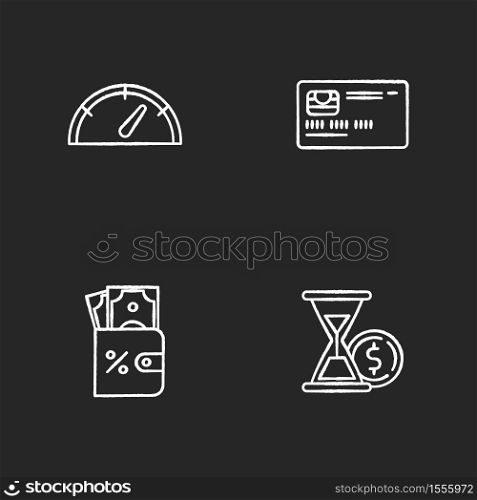 Deposit money chalk white icons set on black background. Countdown to payout. Credit card. Bank operation. Financial service. Pay for credit. Cash refund. Isolated vector chalkboard illustrations. Deposit money chalk white icons set on black background