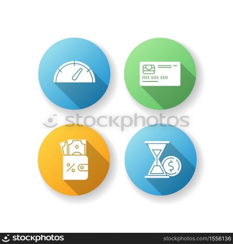 Deposit money flat design long shadow glyph icons set. Countdown to payout. Financial service. Interest rate for investment. Pay for credit. Cash refund. Silhouette RGB color illustration. Deposit money flat design long shadow glyph icons set