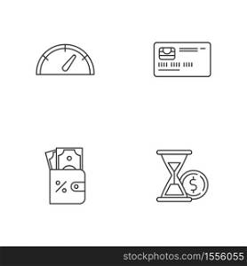 Deposit money linear icons set. Countdown to payout. Credit card. Bank operation. Financial service. Customizable thin line contour symbols. Isolated vector outline illustrations. Editable stroke. Deposit money linear icons set