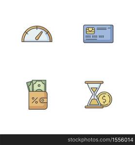 Deposit money RGB color icons set. Countdown to payout. Credit card. Bank operation. Financial service. Interest rate for investment. Pay for credit. Cash refund. Isolated vector illustrations. Deposit money RGB color icons set
