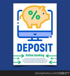 Deposit Online Banking Promotion Poster Vector. Deposit Money Box In Pig Shape With Percentage Mark On Computer Display. Bank Financial Account Concept Template Stylish Colored Illustration. Deposit Online Banking Promotion Poster Vector