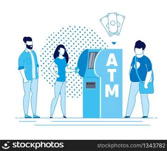Deposit or Withdraw from Personal Account Atm. Electronic Technology and Pay Finance. Vector Illustration Security Transfer. Men and Women Wait Their Turn for Service at Bank Terminal.