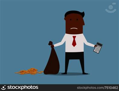 Depressed african american bankrupt businessman standing with calculator and empty money bag in hands, for financial crisis or bankruptcy theme design. Cartoon style