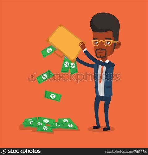 Depressed african-american bankrupt shaking out money from his briefcase. Despaired bankrupt businessman emptying a briefcase. Bankruptcy concept. Vector flat design illustration. Square layout.. Bankrupt shaking out money from his briefcase.