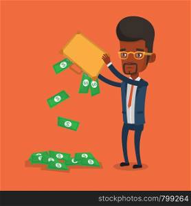 Depressed african-american bankrupt shaking out money from his briefcase. Despaired bankrupt businessman emptying a briefcase. Bankruptcy concept. Vector flat design illustration. Square layout.. Bankrupt shaking out money from his briefcase.
